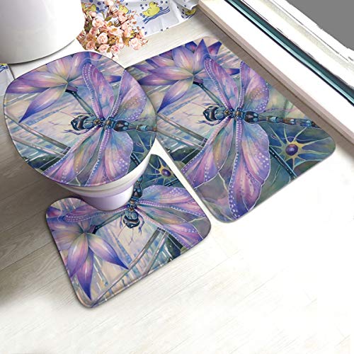 DING Beautiful Fancy Dragonfly Soft Comfort Flannel Bathroom Mats Non-Slip Absorbent Toilet Seat Cover Bath Mat Lid Cover3pcsSet Rugs