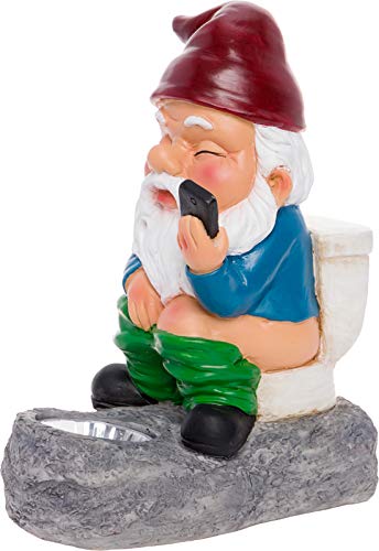 GreenLighting Solar Powered Gnome on a Toilet - Novelty Light Up Garden Statue