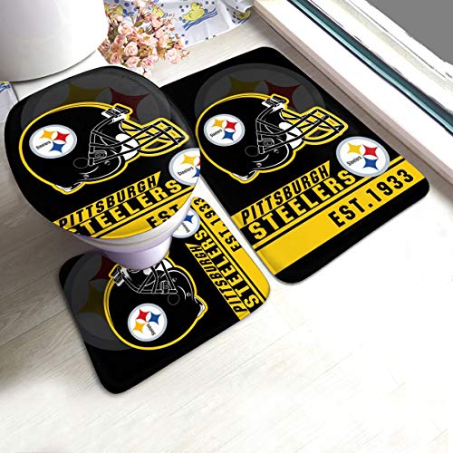 Marrytiny Custom Colorful Pittsburgh Steelers Football Team Non Slip Bathroom Rug Set 3 Piece Anti-Skid Doormat Set Bath Mat  Contour Rug  Toilet Lid Cover