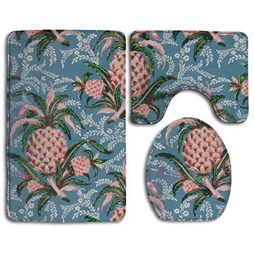 WEEDKEYCAT Blue Pineapples Flowers Leaves Non Slip Large Home Bathroom Rugs DoormatsSoft Toilet Rug U-Shaped MatPremium Round Toilet Lid Cover 3 Pieces Set