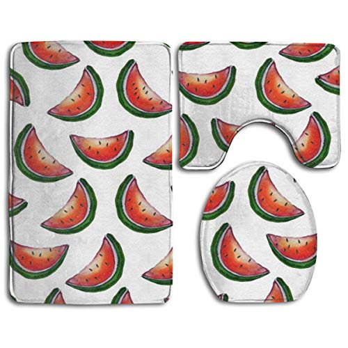 WEEDKEYCAT Cartoon Summer Watermelon Non Slip Large Home Bathroom Rugs DoormatsSoft Toilet Rug U-Shaped MatPremium Round Toilet Lid Cover 3 Pieces Set