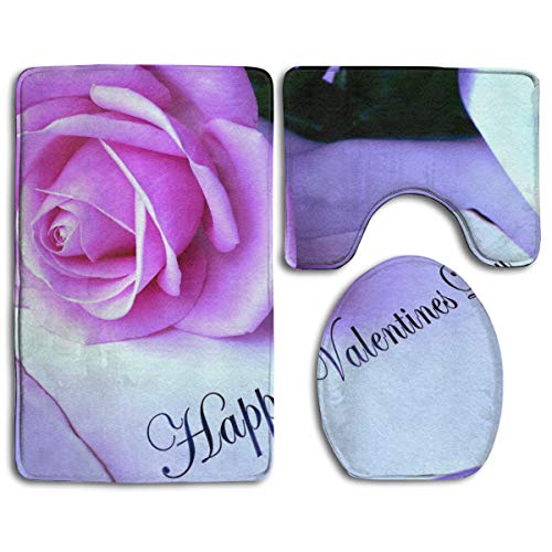 WEEDKEYCAT Cute Love Rose Valentines Day Cards Non Slip Large Home Bathroom Rugs DoormatsSoft Toilet Rug U-Shaped MatPremium Round Toilet Lid Cover 3 Pieces Set