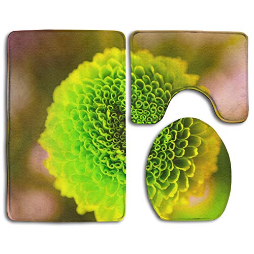 WEEDKEYCAT Green Yellow Chrysanthemum Flower Non Slip Large Home Bathroom Rugs DoormatsSoft Toilet Rug U-Shaped MatPremium Round Toilet Lid Cover 3 Pieces Set