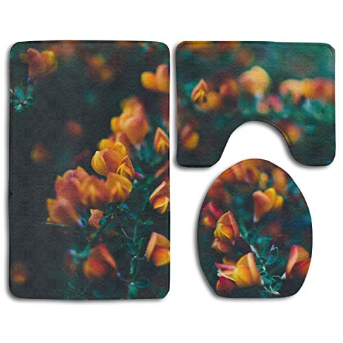 WEEDKEYCAT Orange Red Flowers Petals Non Slip Large Home Bathroom Rugs DoormatsSoft Toilet Rug U-Shaped MatPremium Round Toilet Lid Cover 3 Pieces Set