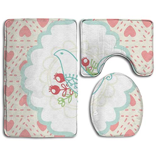 WEEDKEYCAT Pink Heart and Bird Non Slip Large Home Bathroom Rugs DoormatsSoft Toilet Rug U-Shaped MatPremium Round Toilet Lid Cover 3 Pieces Set