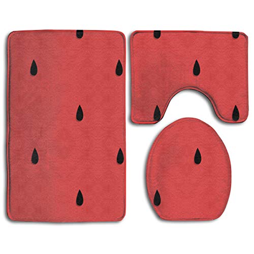 WEEDKEYCAT Red Black Summer Watermelon Pattern Non Slip Large Home Bathroom Rugs DoormatsSoft Toilet Rug U-Shaped MatPremium Round Toilet Lid Cover 3 Pieces Set