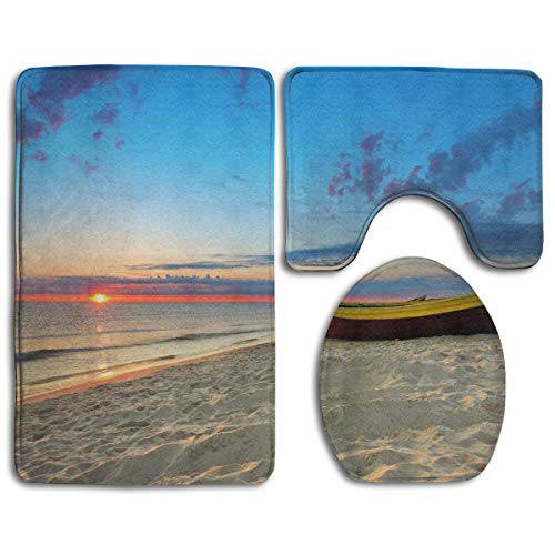 WEEDKEYCAT Sunset Boat Beach Non Slip Large Home Bathroom Rugs DoormatsSoft Toilet Rug U-Shaped MatPremium Round Toilet Lid Cover 3 Pieces Set