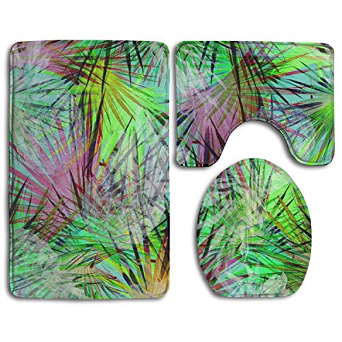 WEEDKEYCAT Watercolor Tropical Leaves Artistic Non Slip Large Home Bathroom Rugs DoormatsSoft Toilet Rug U-Shaped MatPremium Round Toilet Lid Cover 3 Pieces Set