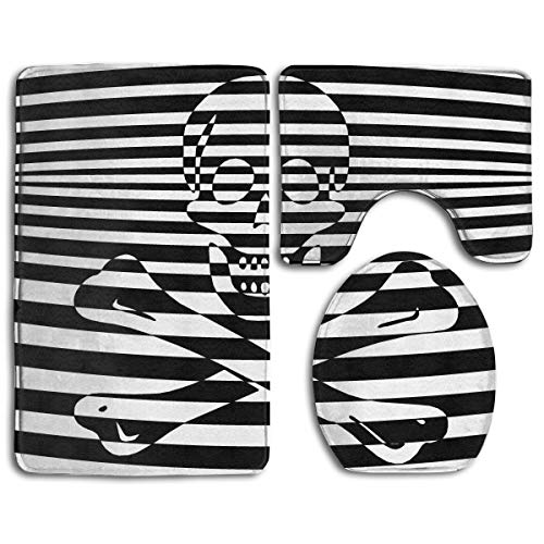 WEEDKEYCAT Zebra Psychedelic Pirate Skull Flag Non Slip Large Home Bathroom Rugs DoormatsSoft Toilet Rug U-Shaped MatPremium Round Toilet Lid Cover 3 Pieces Set