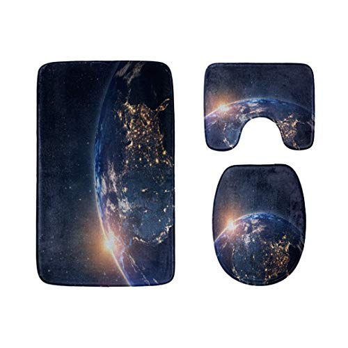 The Planet We Live in Earth Bathroom Rug Mats Set 3-PieceSoft Shower Bath RugsContour Mat and Toilet Seat Lid Cover Non-Slip Machine Washable Flannel Toilet Rugs
