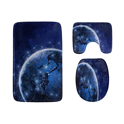 The Planet We Live in Earth Bathroom Rug Mats Set 3-PieceSoft Shower Bath RugsContour Mat and Toilet Seat Lid Cover Non-Slip Machine Washable Flannel Toilet Rugs