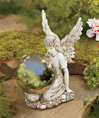 Ceramic Garden Angel Kneeling Holding Metal Gazing Ball 9 X 7 X 4-12