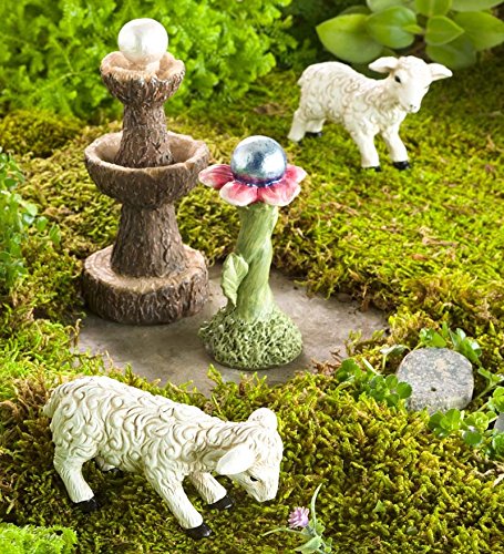 Miniature Fairy Garden Sheep Gazing Ball and Fountain Set