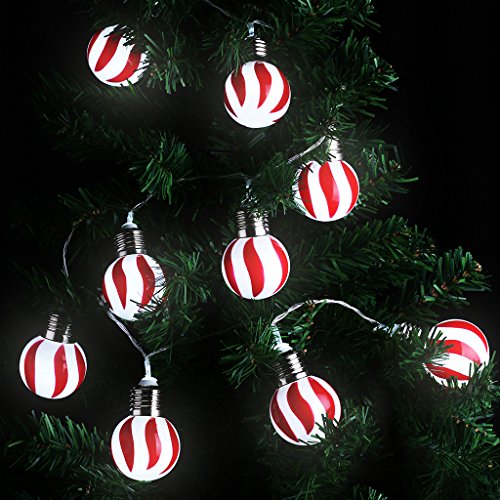 LANGRIA Red and White Stripe Globe Ball String Lights Battery Powered 20 LEDs 722 FT22M Long for Indoor Use Holiday Festival Party Decoration