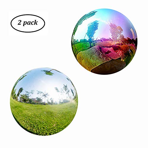 Gazing Globe - 6 Inch Stainless Steel Shiny Gazing Balls for Gardens and Yard Pack of 2 Silver and Rainbow