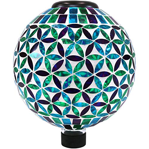 Sunnydaze Glass Mosaic Gazing Globe with Solar Light Blue Cool Blooms Design Garden and Landscape Decor 10-Inch