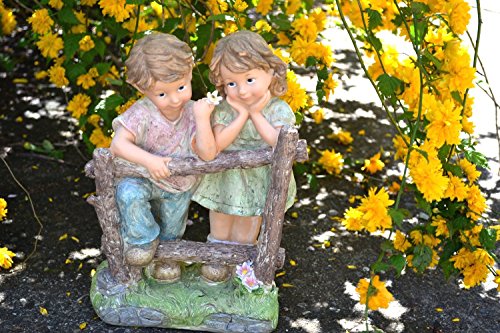 Children Old Fashioned Boy Girl on Fence Garden Yard Art Statue Colorful 12-14 x 7-34 x 4-18