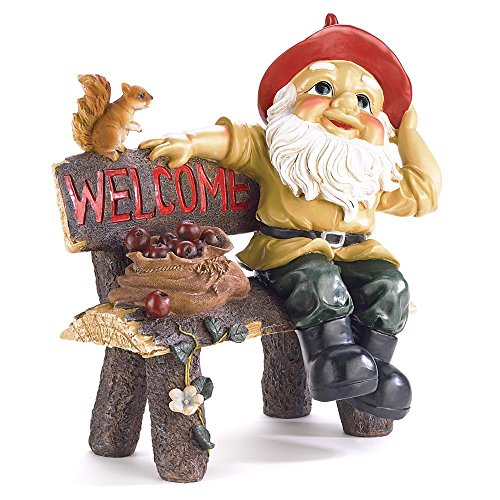 GHP 13 38x9x14 Polyresin Garden Gnome on Bench Welcome Sign Yard Statue