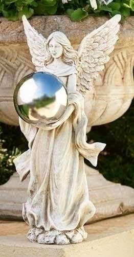 18&quot Serene Angel Holding A Silver Gazing Ball Outdoor Patio Garden Statue