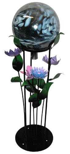 Steven Cooper Metalsmith Agazball-l-blue 12-inch Blue Gazing Ball On 31-inch High Base With Assorted Purple Flowers
