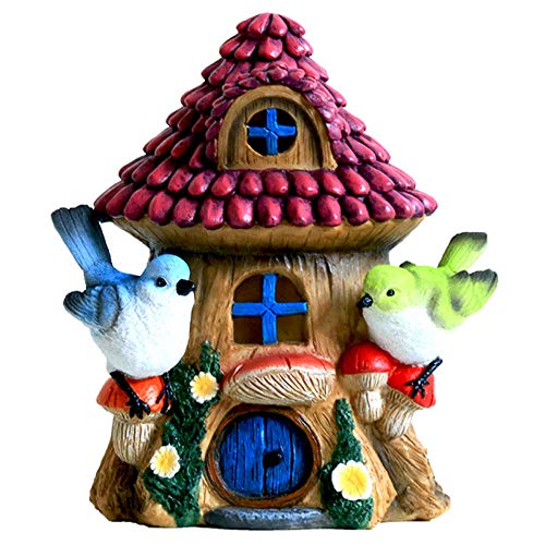 Sungmor Resin Solar Powered Illuminated Fairy House  Outdoor Garden Ornaments with LED Lights  Creative Garden Courtyard House Solar Light Statue Decorations-Birdhouse