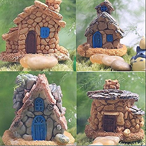 Trasfit 4 Pieces Miniature Fairy Garden Stone House - Mini Fairy Cottage House For Garden & Patio Decoration -