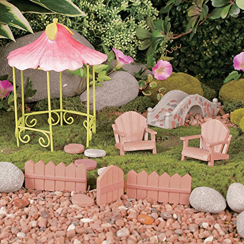 Garden Gnome and Fairy Miniature Wooden Outdoor Furniture Decoration Set with Gazebo Bridge Chairs and Fence
