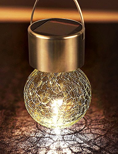 BRIGHT ZEAL Stainless Steel LED Crackle Glass Globe Solar Lights with Hanger - LED Decorative Garden Lights - Outdoor Hanging Solar Lights - Solar Powered Decorative Lights 21010