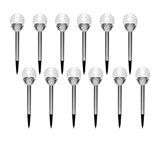 LightStan LED Crackle Glass Globe Color Changing Solar Garden Stake Lights IP44 Outdoor Stainless Steel Crystal Ball Path Light 12 Pack