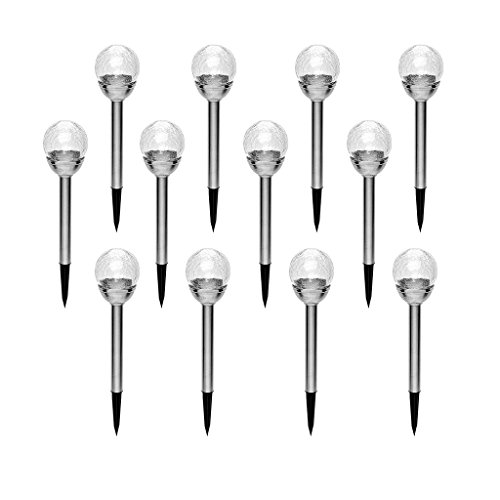 LightStan LED Crackle Glass Globe Colorful Solar Garden Stake Lights IP44 Outdoor Stainless Steel Crystal Ball Path Light 12 Pack