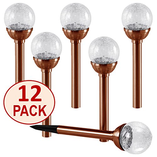 NEW 2017 SET OF 12 Crackle Glass Globe Color-Changing LED White LED Copper Solar Path Lights by SOLAscape