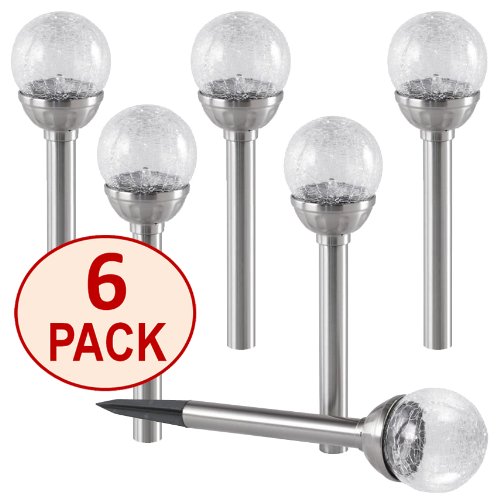 SET OF 6 Crackle Glass Globe Color-Changing LED White LED Solar Path Lights by SOLAscape