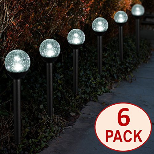 SET OF 6 Crackle Glass Globe White LED Black Solar Path Lights by SOLAscape