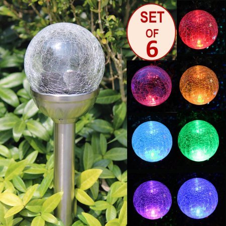 SOLAscape Crackle Glass Globe Color-Changing LED and White LED Solar Path Lights Set of 6 Silver