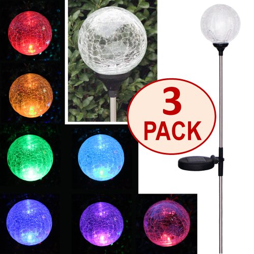 Set Of 3 Color-changing Crackle Glass Globe Solar Stake Light By Solascape&reg