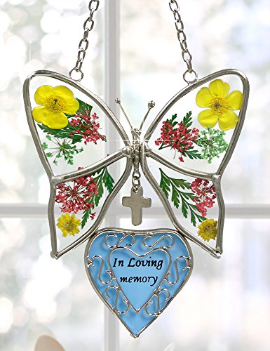 In Loving Memory Butterfly Stained Glass With Flowers Suncatcher