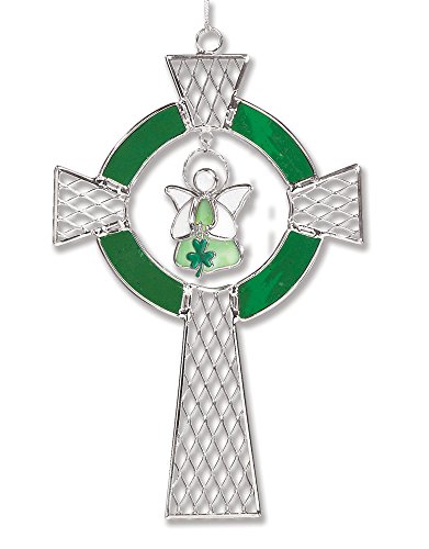 Irish Celtic Cross Stained Glass Suncatcher Ornament with Angel Holding Shamrock Charm - Glass and Metal - 9 Inch