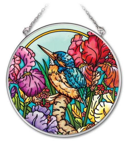 Amia 4-12-Inch Circle Hand-Painted Glass Suncatcher Kingfisher Bird Medium