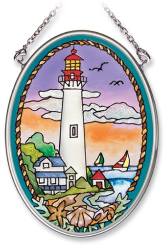 Amia Hand Painted Glass Suncatcher With Cape May Lighthouse Design 3-14-inch By 4-14-inch Oval