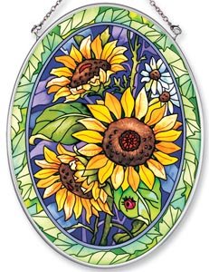 Amia Hand Painted Glass Suncatcher With Sunflower Design 5-14-inch By 7-inch Oval