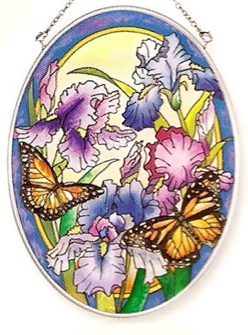 Amia Hand Painted Glass Suncatcher with Iris and Butterfly Design 5-14-Inch by 7-Inch Oval