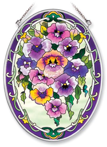 Amia Hand Painted Glass Suncatcher with Purple Pansy Floral Design 5-14-Inch by 7-Inch Oval