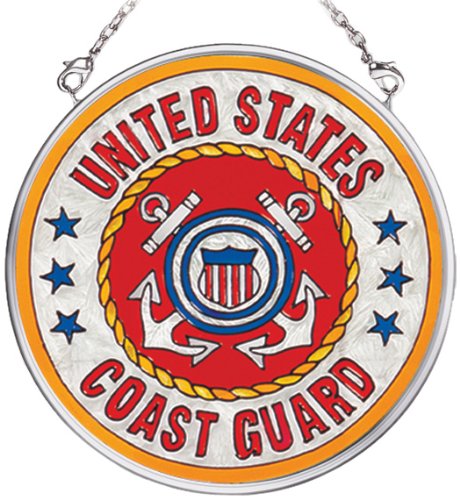 Amia Hand Painted Glass Suncatcher with United States Coast Guard Logo 3-12-Inch Circle