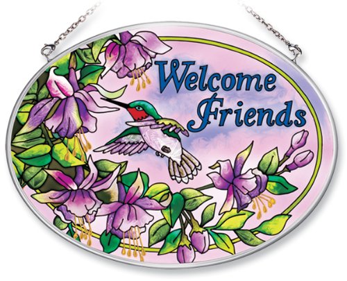 Amia Hand Painted Glass Suncatcher with Welcome Friends Hummingbird Design 5-14-Inch by 7-Inch Oval