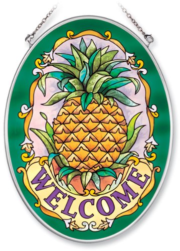 Amia Hand Painted Glass Suncatcher with Welcome Pineapple Design 5-14-Inch by 7-Inch Oval