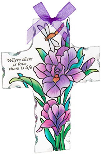 Joan Baker Designs Sx2003 4-inch By 5-12-inch Purple Irises Art Glass Cross Suncatcher