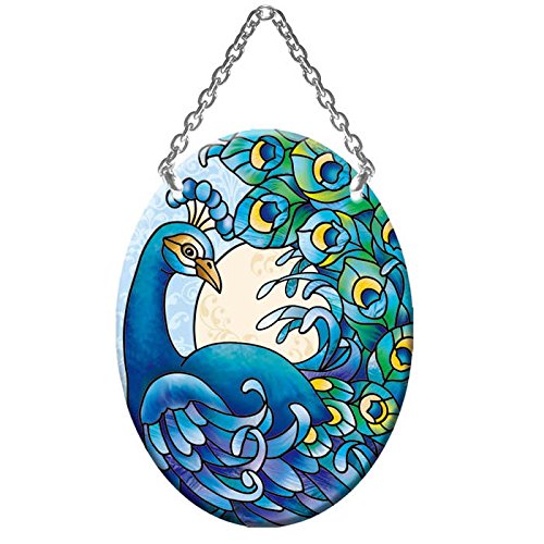 Small Oval Peacock Painted Glass Suncatcher by Joan Baker