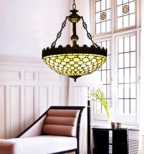 Makenier Vintage Tiffany Style Stained Glass Bead Inverted Ceiling Pendant Light 20 Inches Lampshade