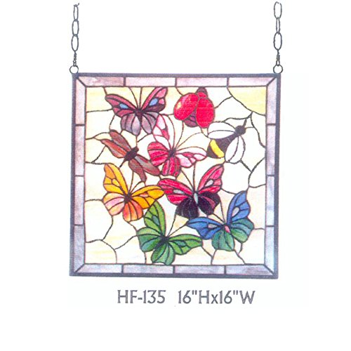 HDO Glass Panels HF-135 Rural Vintage Tiffany Style Stained Church Art Glass Decorative Medium Pastoral Insect Butterfly Dragonfly Ladybug Bee Square Window Hanging Glass Panel Suncatcher 16 Hx16 W