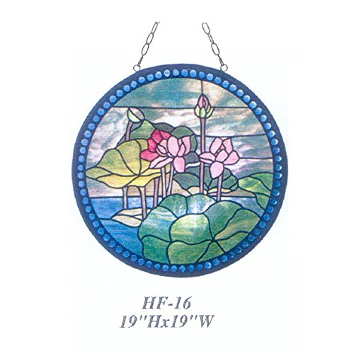 HDO Glass Panels HF-16 Rural Vintage Tiffany Style Stained Church Art Glass Decorative Lotus&Leaves with Blue Beads Round Window Hanging Glass Panel Suncatcher 19 Hx19 W